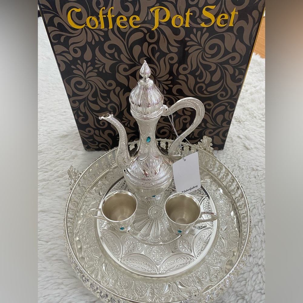 Elegant Silver Coffee Pot Set with Tray
